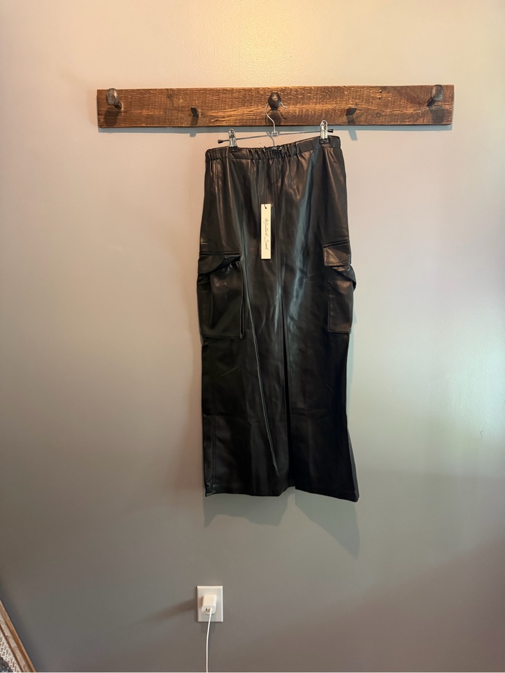 Mustard Seed Black Faux Leather Cargo Midi Skirt